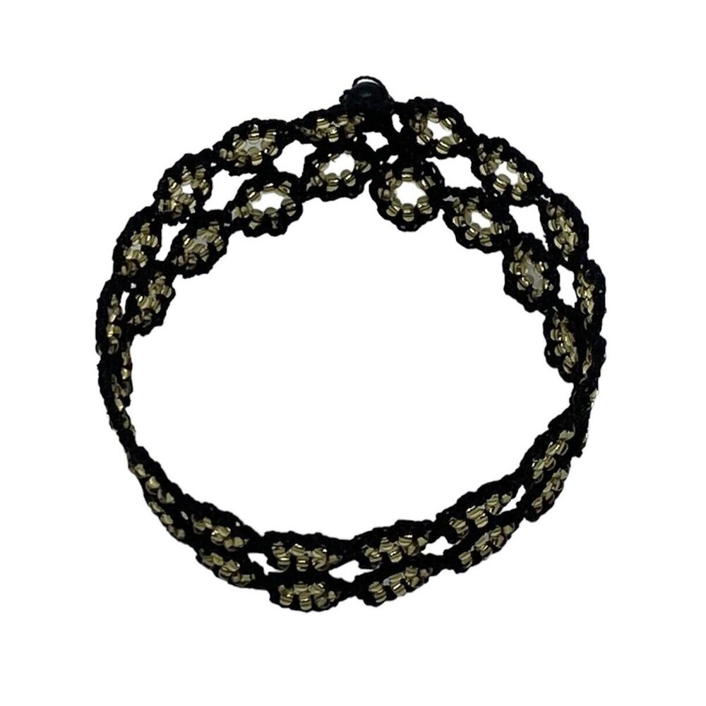 Turkish Artisan Fashion Flat Crochet 7” Bracelet Black Cord Gold Round Beads - Picture 11 of 11
